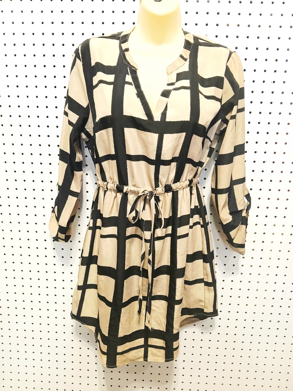 Almost Famous Beige and Black Grid Drawstring Tunic Mini Dress